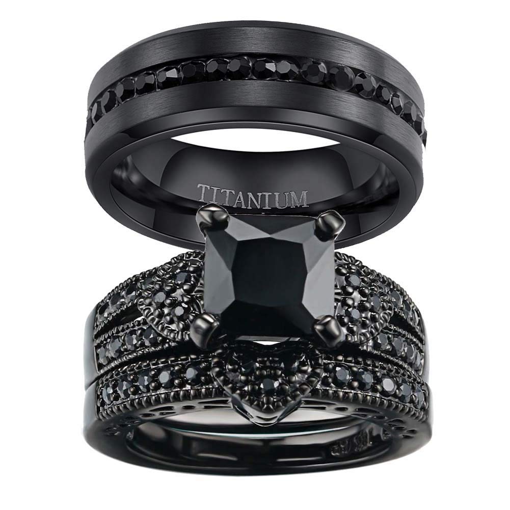 RingHeart Duo: Black CZ Couples' Wedding Set
