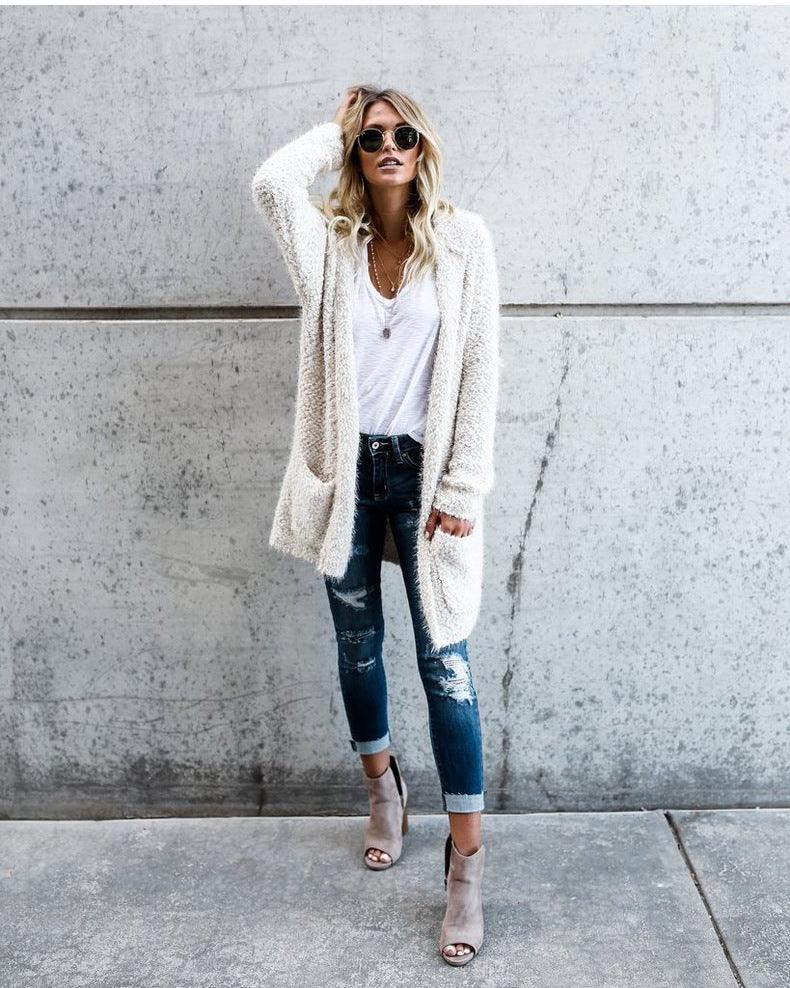 Women's Mid-Length Plush Hooded Cardigan Jacket