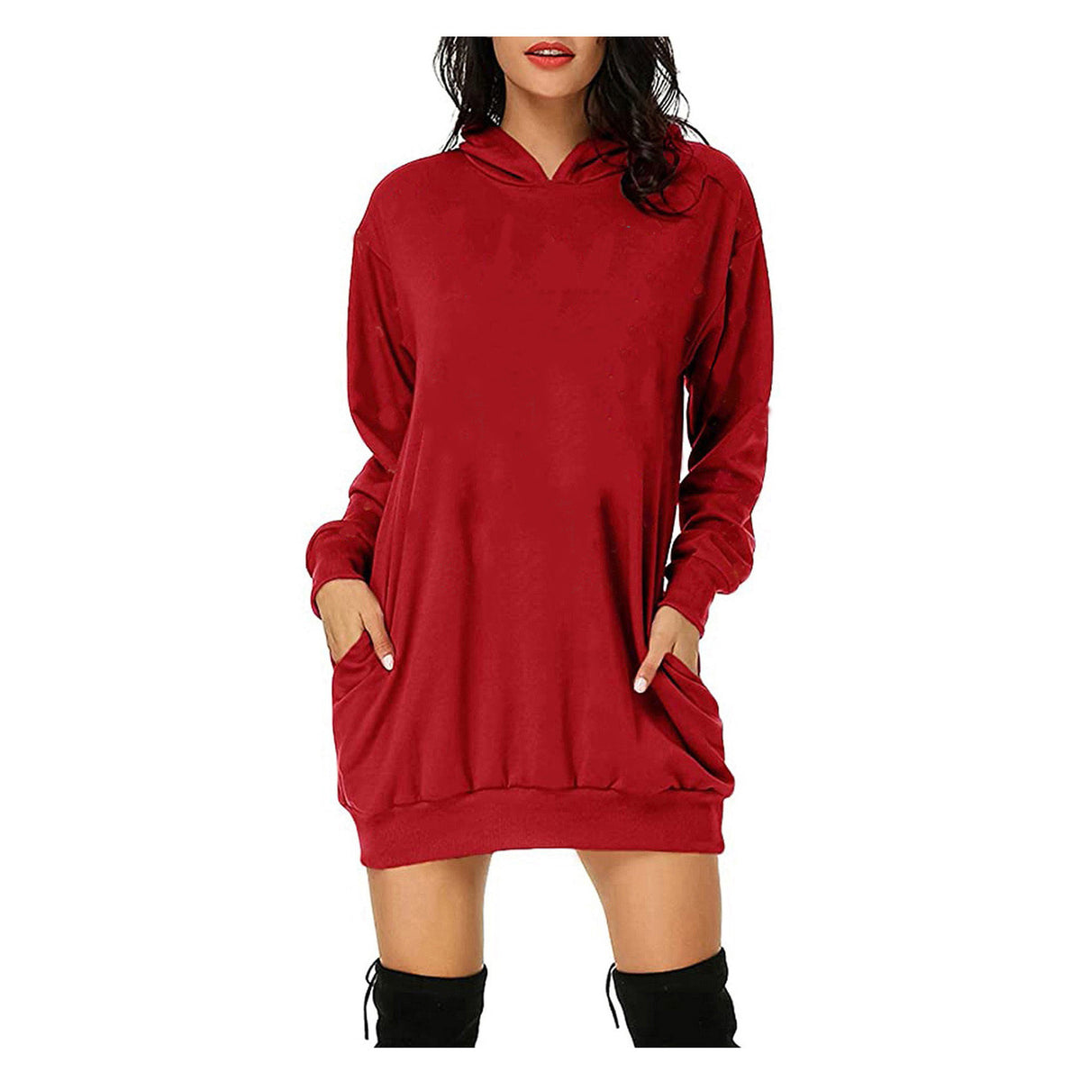 Solid Color Long Sleeve Sweater Dress with Loose Fit