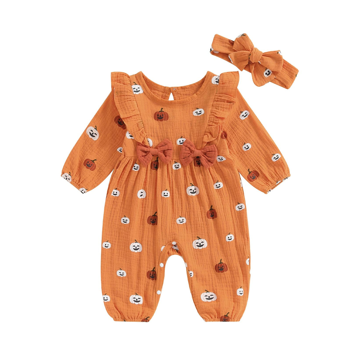 Pumpkin Print Baby Girl Jumpsuit with Headband