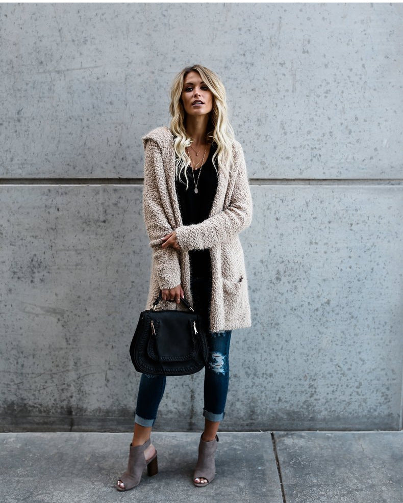 Women's Mid-Length Plush Hooded Cardigan Jacket