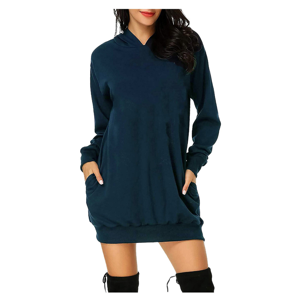 Solid Color Long Sleeve Sweater Dress with Loose Fit