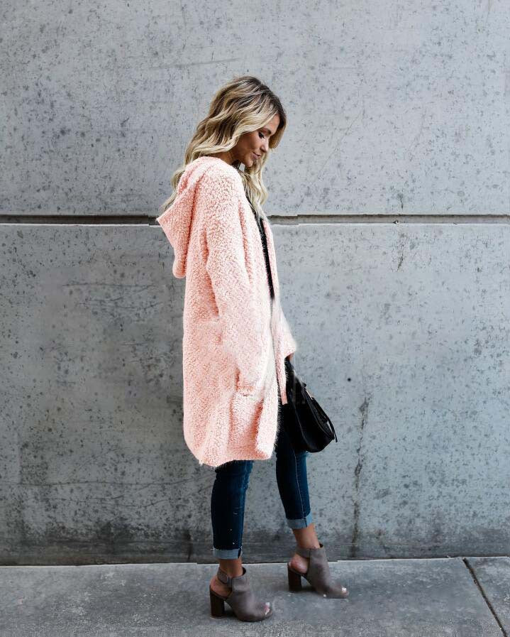 Women's Mid-Length Plush Hooded Cardigan Jacket