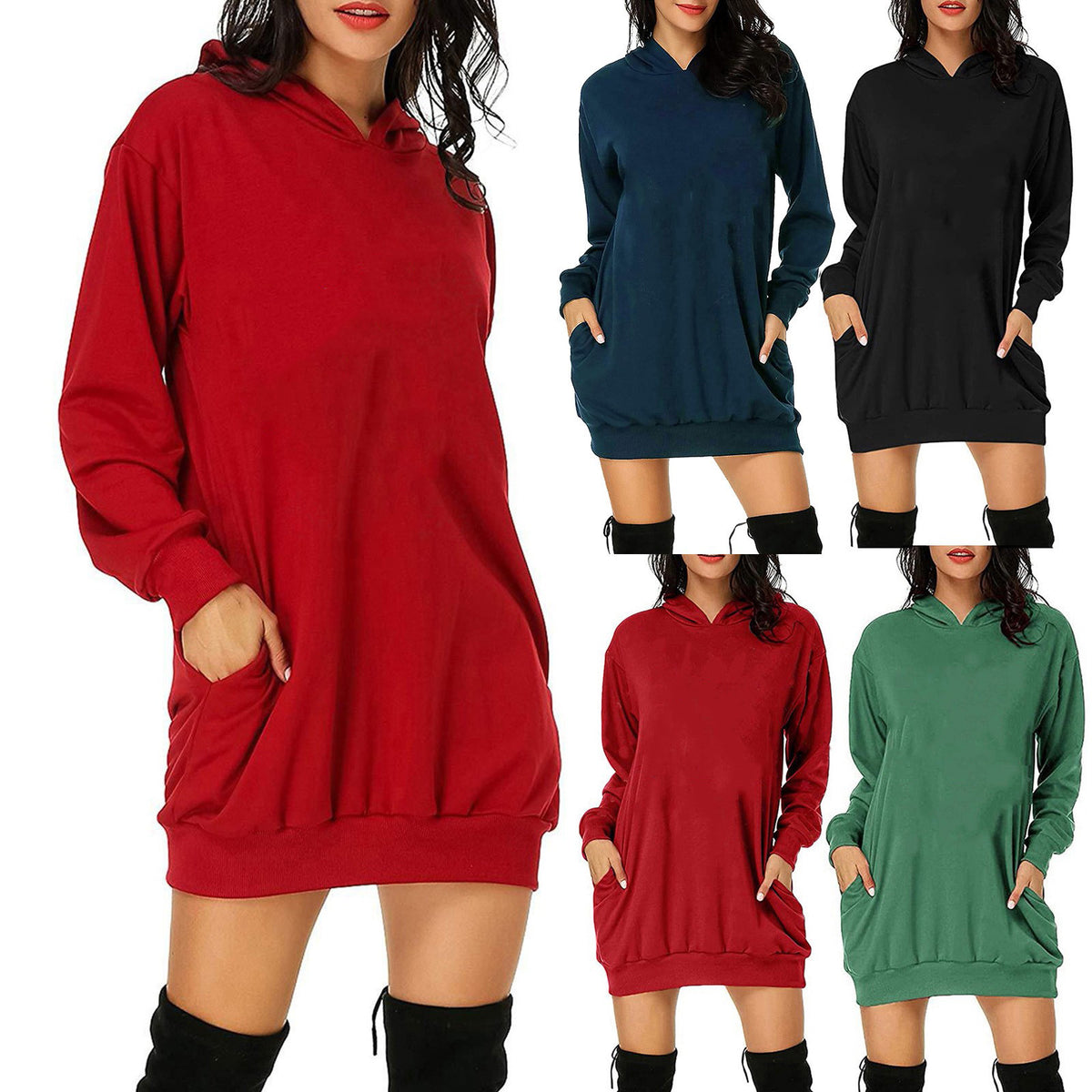 Solid Color Long Sleeve Sweater Dress with Loose Fit