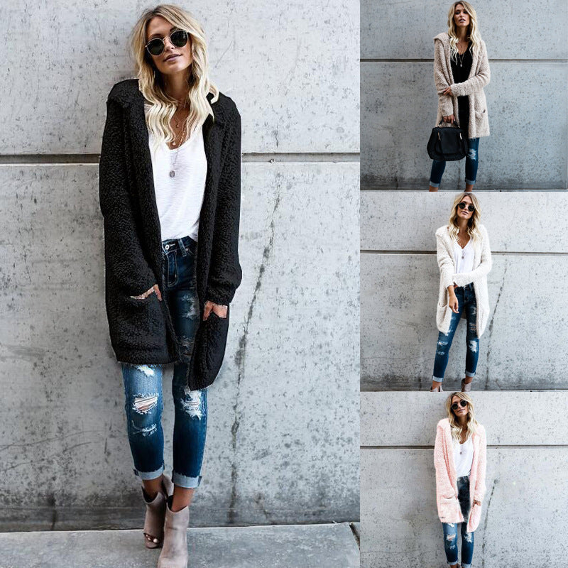 Women's Mid-Length Plush Hooded Cardigan Jacket
