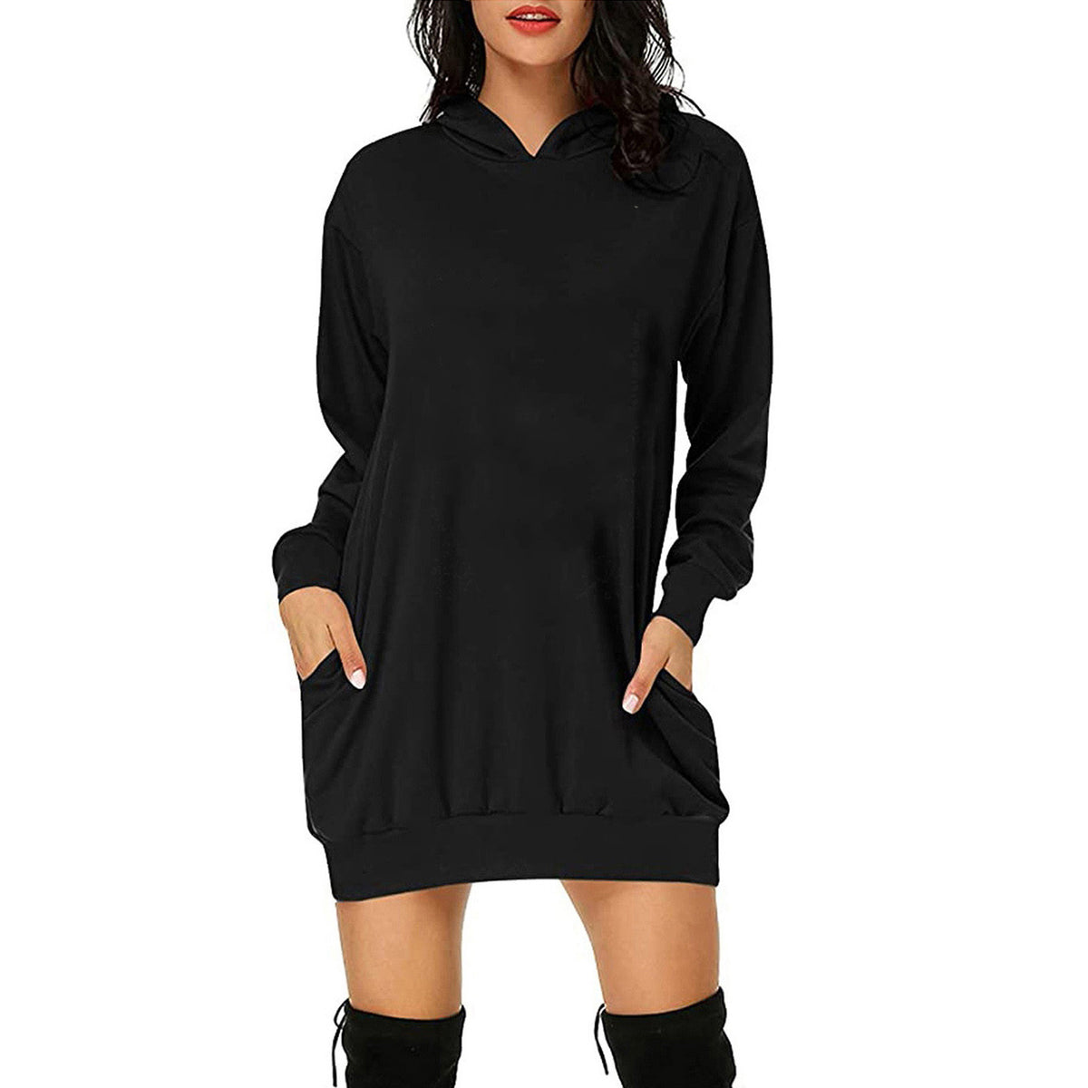 Solid Color Long Sleeve Sweater Dress with Loose Fit