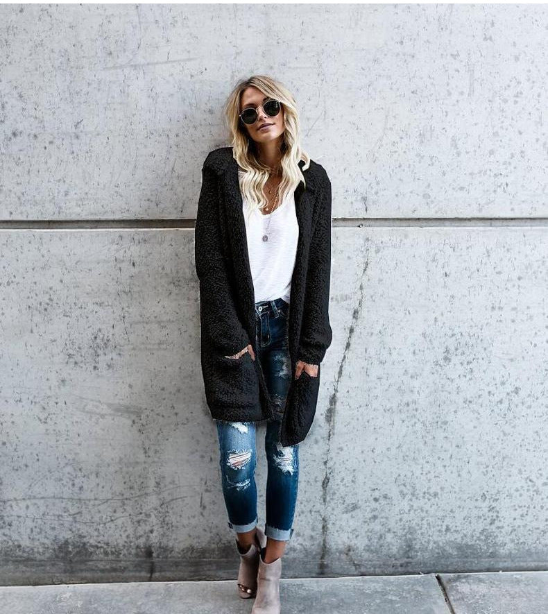 Women's Mid-Length Plush Hooded Cardigan Jacket