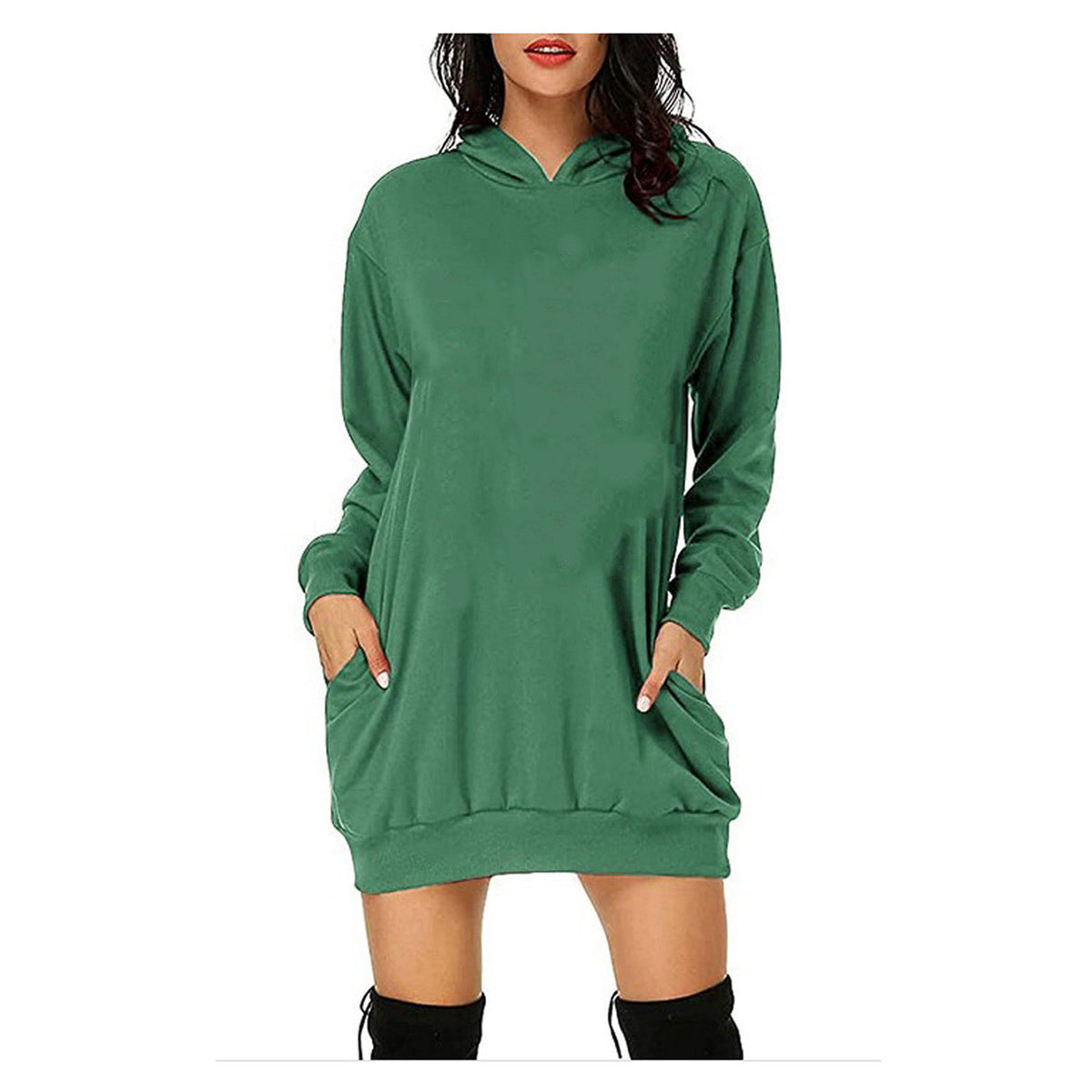 Solid Color Long Sleeve Sweater Dress with Loose Fit